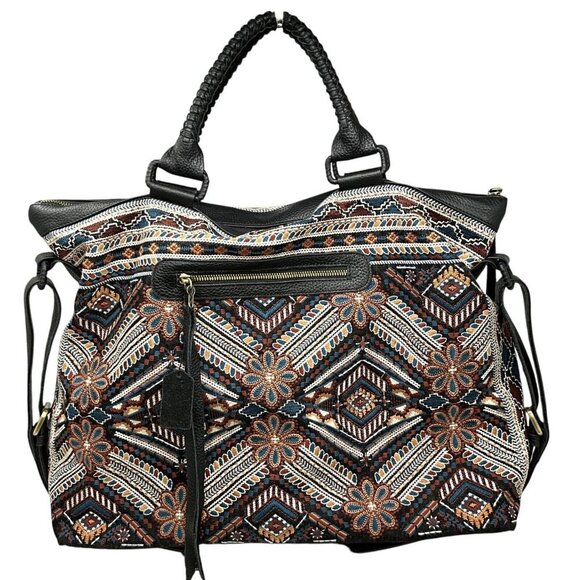 Johnny Was Workshop Molly Tote Weekender Bag Black Floral Embroidery Leather - Picture 1 of 15